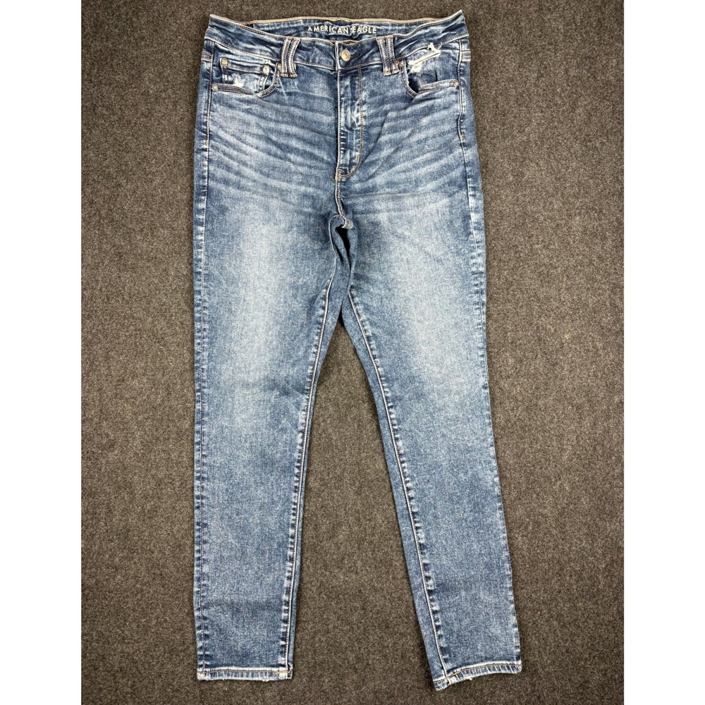 American Eagle Super Hi-Rise Jegging Jeans 14 Blue Next Level Stretch Distressed